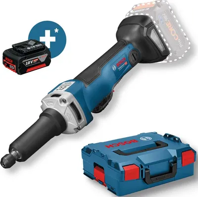 A Bosch cordless straight grinder, battery, and storage case are displayed against a white background.