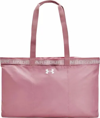 A pink tote bag with handles and a logo.