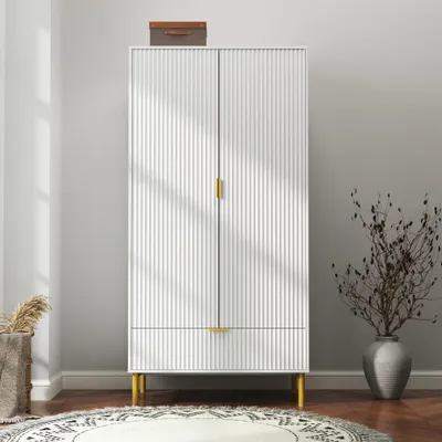 Produktbild von Vertikaler Doppel-Tuerenschrank mit 1 Schublade 90x55x180 cm PVC MDF + PB MDF Metallfuesse Schublade Kleiderstange Stauraum Weiss