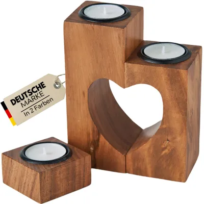Produktbild von Plogis Herz Teelichthalter Holz - 3er Set aus 15cm Akazie - Kerze Geschenk für Sie