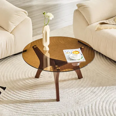 Produktbild von okwish Couchtisch mit Holzrahmen,Runder Sofatisch mit Glasplatte, Beistelltisch moderner Stil,Für Wohnzimmer in Nussbaum