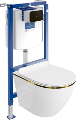Produktbild von DOMINO Villeroy&Boch ViConnect H112 Vorwandelement Unterputz WC mit Bedienplatte + Wand Hänge Tiefspül WC Sofi Slim Gold Line Spülrandlos | WC - set |