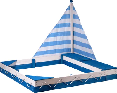 Produktbild von dobar Sandkastenschiff "Maritim" mit Segel und zwei Spielzeugkisten, 138,5 x 124 x 115,5 cm, Blau/Weiß