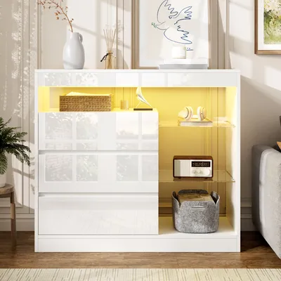 Zdjęcie produktu dla Komoda/bufet z 3 szufladami, wymiary 90x35x80 cm, kolor biały, z oświetleniem LED, szklanymi półkami i wykończeniem w wysokim połysku, idealna do salonu i sypialni