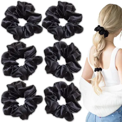 Produktbild von Weiche, elastische Satin-Haargummis in Schwarz und verschiedenen Farben als Haaraccessoire für Damen, 6 Stück