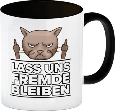 Produktbild von Lass uns Fremde bleiben mit Katze Kaffeebecher Schwarz