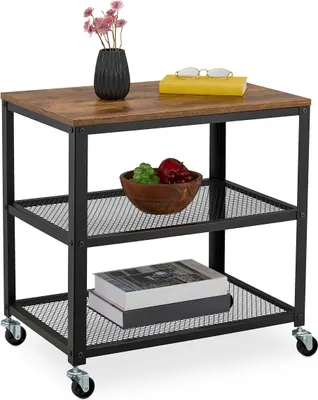 Image de Chariot Relaxdays, 3 étagères, style industriel, dimensions : 61 x 60 x 40 cm, chariot de cuisine à roulettes, acier et MDF, noir/marron
