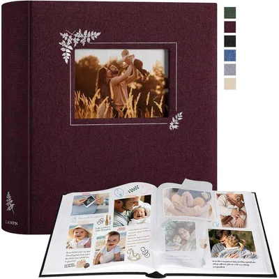 Obrázek produktu pro Album na fotografie, možnost vlastní úpravy, plátěná vazba, design s okénky, 100 bílých stran s pergamenovým papírem, fialová barva, rozměry 30 x 33,5 cm