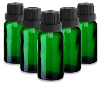 Produktbild von 5x Grüne Glasflasche 20 ml mit schwarzem Tropfer – leere Tropfflasche