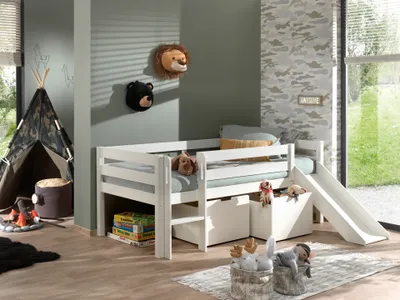 Produktbild von VIPACK Kojen-Spielbett mit Liegefläche 90 x 200 cm, inkl. Leiter, Rutsche, Rolllattenrost und 2 Schubkästen, Kiefer und MDF weiß lackiert