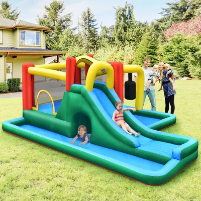 Produktbild von COSTWAY Nafukovací vodní park Skákací hrad se skluzavkou Lezecká stěna Tunel Kyvadlo 470x370x190cm
