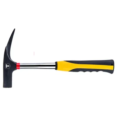 A geological hammer with a pointed tip and a flat striking face, presented against a white background.