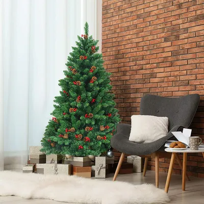 Produktbild von GOPLUS Künstlicher Weihnachtsbaum mit LED-Licht/Tannenzapfen/roten Beeren, Christbaum mit Metallständer, schwer entflammbar und Schnellaufbau, Tannenbaum für Zuhause oder im Büro (135CM)
