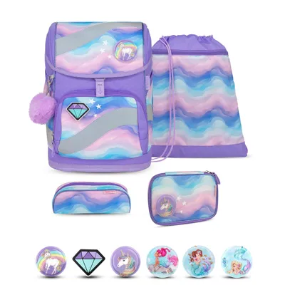 Produktbild von Belmil Smarty ergonomisches Schulranzen Set 5-teilig "Rainbow Land" mit Brustgurt, Hüftgurt, Magnetverschluss, Patch Set 6 Stück