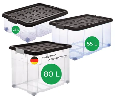 Produktbild von Novaliv 3 tlg Sparset Aufbewahrungsboxen mit Deckel Anthrazit 1x80 L + 1x 55L + 1x 28L Nestbar stapelbar Clipverschluss Rollboxen BPA-frei