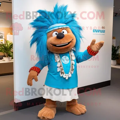 Productafbeelding van Cyan Chief mascotte REDBROKOLY kostuum karakter gekleed met een Henley-shirt en haarspelden