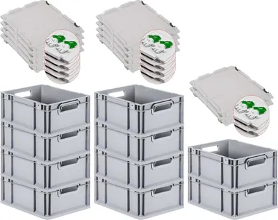 Produktbild von SuperSparSet 10x Eurobox NextGen Grip mit Scharnierdeckel und grünen Schiebeschnappverschlüssen | HxBxT 17x30x40cm | 16 Liter | Grau | Griffe offen | Glatter Boden | Eurobehälter, Transportbox, Transportbehälter, Stapelbehälter