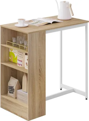 Produktbild von Bartisch mit 3 Regalfächern, aus Metall Holzwerkstoff, 91x49x91 cm Farbe: Helle Eiche+Weiß