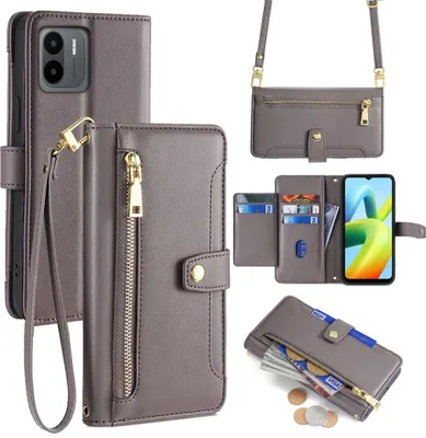 Produktbild von Handykette Xiaomi Hülle mit Band Handyhülle Kartenfächer Kunstleder Umhängetasche Redmi A1 / A2 Grau