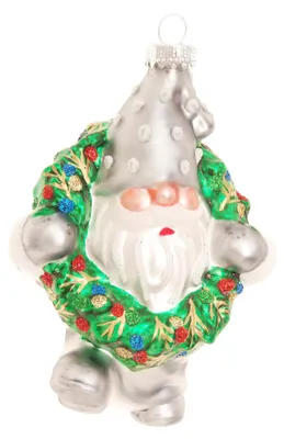 Glasfigur Kabouter mit Weihnachtskranz, satiniert silber/grün, 11 cm