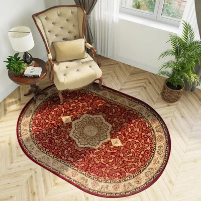 Produktbild von Teppich Oval Wohnzimmer Schlafzimmer Kurzflor Klassisch Design Rot Braun  200 x 300 cm
