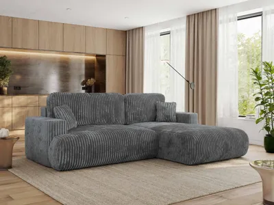 Produktbild von MKS MEBLE Ecksofa OVO mit Schlaffunktion und Bettkasten, Dunkelgrau Cord, L-form Couch, 4-Sitzer Ecksofa, 271x195x95 cm - Rechts Seite