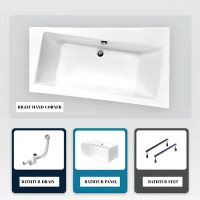 Produktbild von Asymmetrische Badewanne - 160 x 100 cm - Rechts - mit weißer Verkleidung - mit Füßen - Ablaufgarnitur Chrom - INFINITY