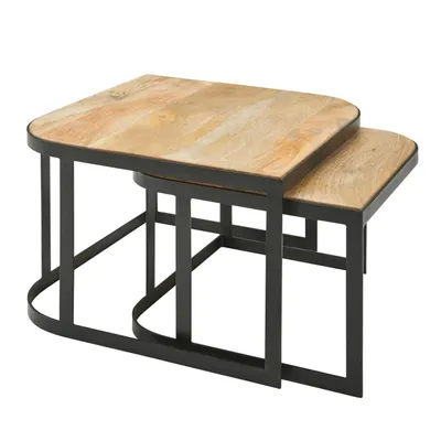 Produktbild von Couchtisch 2er Set Mango Massivholz / Metall Wohnzimmertisch Hell, Industrial Satztisch Beistelltisch Metallbeine Schwarz, Tischset 2-teilig Satztisch Holz