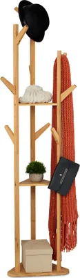Image de Porte-manteau triangulaire Relaxdays, avec 9 crochets, en bambou, 2 étagères, porte-manteau sur pied, dimensions : 168,5 x 47 x 47 cm, couleur naturelle
