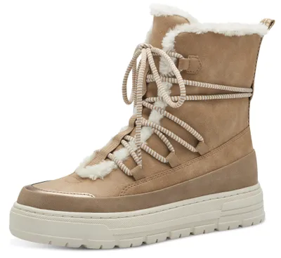 A single tan winter boot with white fur trim and beige laces is shown against a white background.
