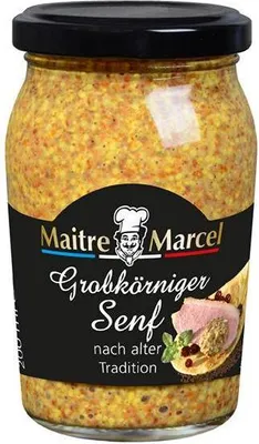 A jar of coarse-grained mustard with a label.