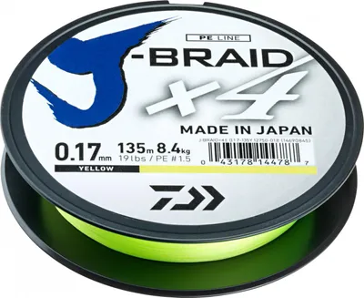 Produktbild von DAIWA J-BRAID X4, 135m, 0,1mm, 3.8kg / 8,38lbs, gelb, Geflochtene Angelschnur, 12740-010