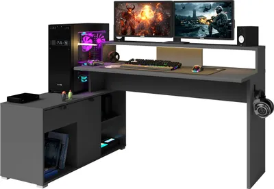 Zdjęcie produktu dla Biurko gamingowe Vortex - 229x60x95cm - z oświetleniem LED - ciemnoszare