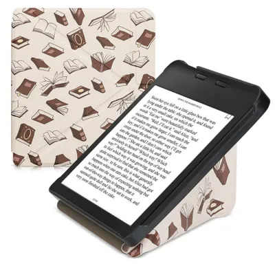 Produktbild von kwmobile Kunstleder eReader Schutzhülle für Kobo Libra 2 Hülle - Falt Cover für E-Reader in Beige Braun Gold - Bücher und Seiten
