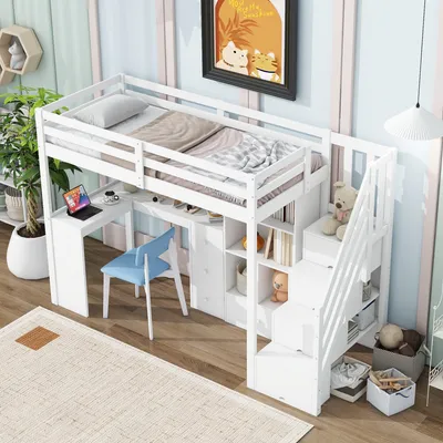 Image de Lit surélevé pour enfants avec bureau, tiroirs & espace de rangement, sûr & durable, certificat EN747 inclus, 90x200cm, blanc