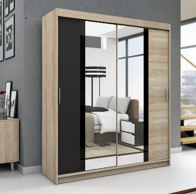 Produktbild von Schwebetürenschrank, 2-türig Schrank! Moderne Garderobe für Kleidung. Verschiedene Farben (Weiß, Schwarz, Somona) Kleiderschrank BRANI 180 cm