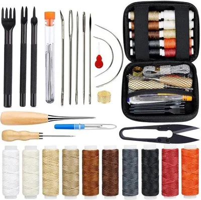 Produktbild von Leerbewerkingsset, Leergaren, Gewaxt Garen, Leernaald, Priem, Draadkniptang, Vingerhoed, Meetlint, Opbergtas, DIY Set