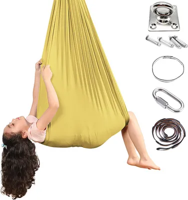 Produktbild von Kinderhängematte, Indoor-Therapie-Kuschelschaukel mit 360 ° drehbarer Deckenhaken, verstellbare Yoga-Lufthängematte Gold