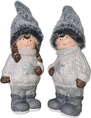 Produktbild von Bambelaa! 2er Set Dekofigur Weihnachten Winterkinder Deko Figuren Groß Weihnachtsdeko Innen Außen Weihnachten Dekoration Fenster Junge Mädchen Stehend Winterliche Tischdeko 2 Stück Keramik 27 cm Hoch