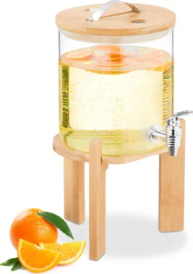 Image de Distributeur de boissons Relaxdays 5 litres, boissons chaudes et froides, pichet avec support en bambou, thermomètre, transparent/naturel