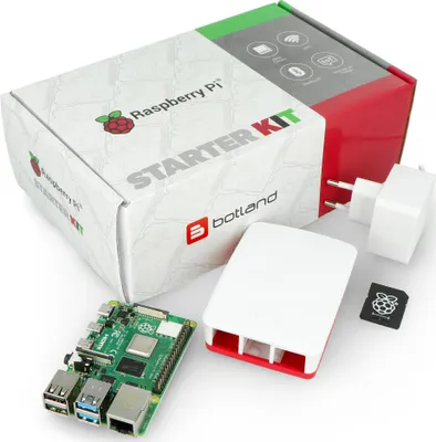 Produktbild von Raspberry Pi 4 Model B CPU 1.5GHz RAM 2GB + Bausatz Originalgehäuse rot-weiss / HDMI Kabel / RJ45 Kabel / mSD Karte / Netzgerät