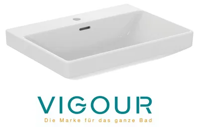 Produktbild von VIGOUR DERBY V3 Edge Waschtisch 65x48cm mit Überlauf mittigem Hahnloch PflegetectPLUS, weiß