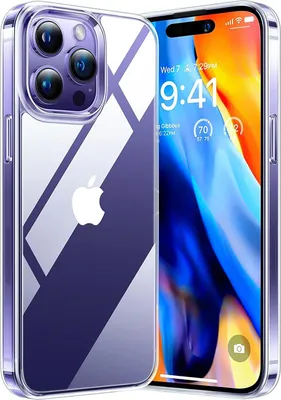 A clear protective case for an Apple iPhone 15 Pro Max is shown, with the phone's screen displaying the time and weather.