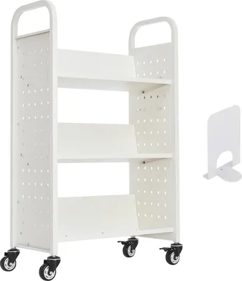 Image de SucceBuy Chariot à livres avec une capacité de charge de 150 kg, étagère en forme de V à un côté, 77 x 38 x 122 cm, équipé de roulettes à double frein, idéal pour le salon, le bureau ou l'école, blanc