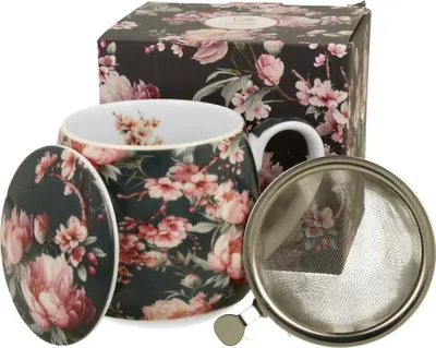 Produktbild von DUO FLORAL Fassbecher 430 ml NOEMI BLACK mit Teesieb, New Bone China Porzellan