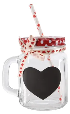 Produktbild von Glas Trinkglas Herz Glas mit Deckel und Trinkhalm H.13 cm