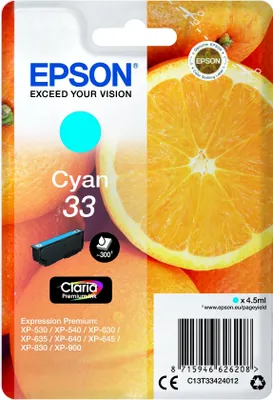 Obrázek produktu pro Epson Oranges Balíček s jedním inkoustem 33 Pomeranče Claria Premium Cyan, Standardní výtěžnost, Azurová, 4,5 ml, 1 kusů, 300 str.