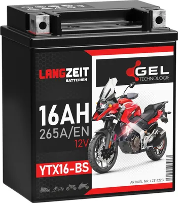 Produktbild von LANGZEIT YTX16-BS GEL Motorradbatterie 12V 16Ah 265AEN Gel Batterie 12V 51422 YTX16-4 YTX16BS ETX16-BS auslaufsicher wartungsfrei ersetzt 14Ah