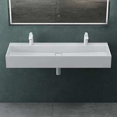 Produktbild von Mai & Mai Waschbecken Aufsatzwaschbecken Hängewaschbecken aus Mineralguss 120x40x12cm in Weiß matt mit 2 Armaturenlöcher Col6028