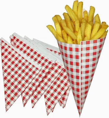 Produktbild von Famanu Papiercontainer für Pommes - 100 Stück Kegel Vliespapier - Papiertüte rot-weiß - 21x21x30cm